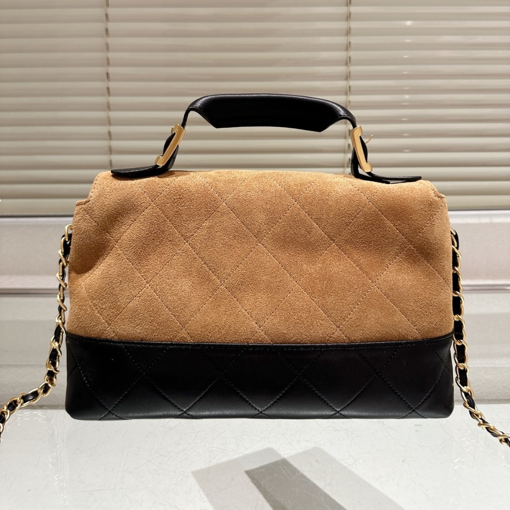 Chanel Large Flap Bag With Top Handle Shiny And Gold Tone Metal Brown Black 29Cm AS5637 B20827 U1536