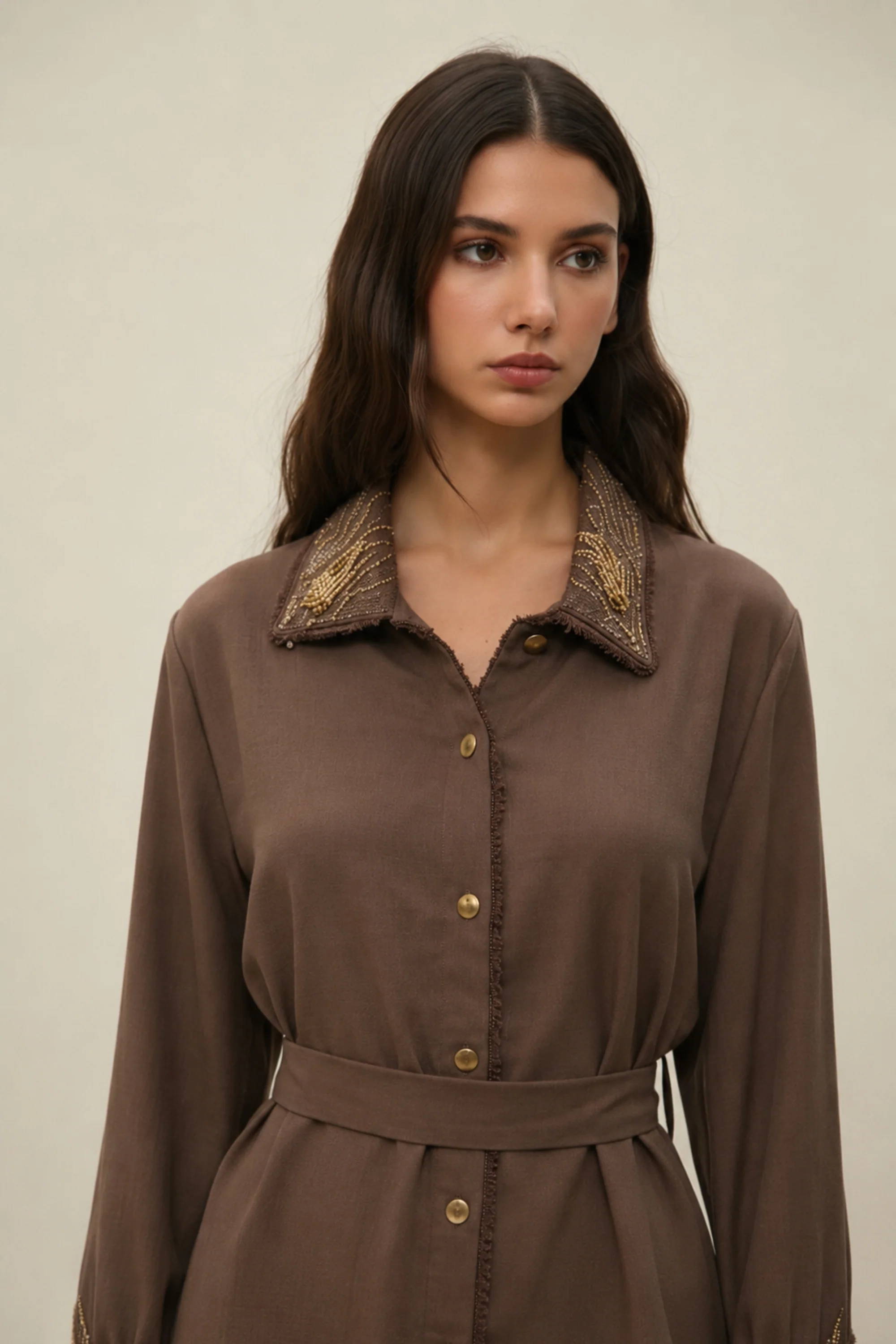 Cocoa Embellished Collar Belted Co-ord Set