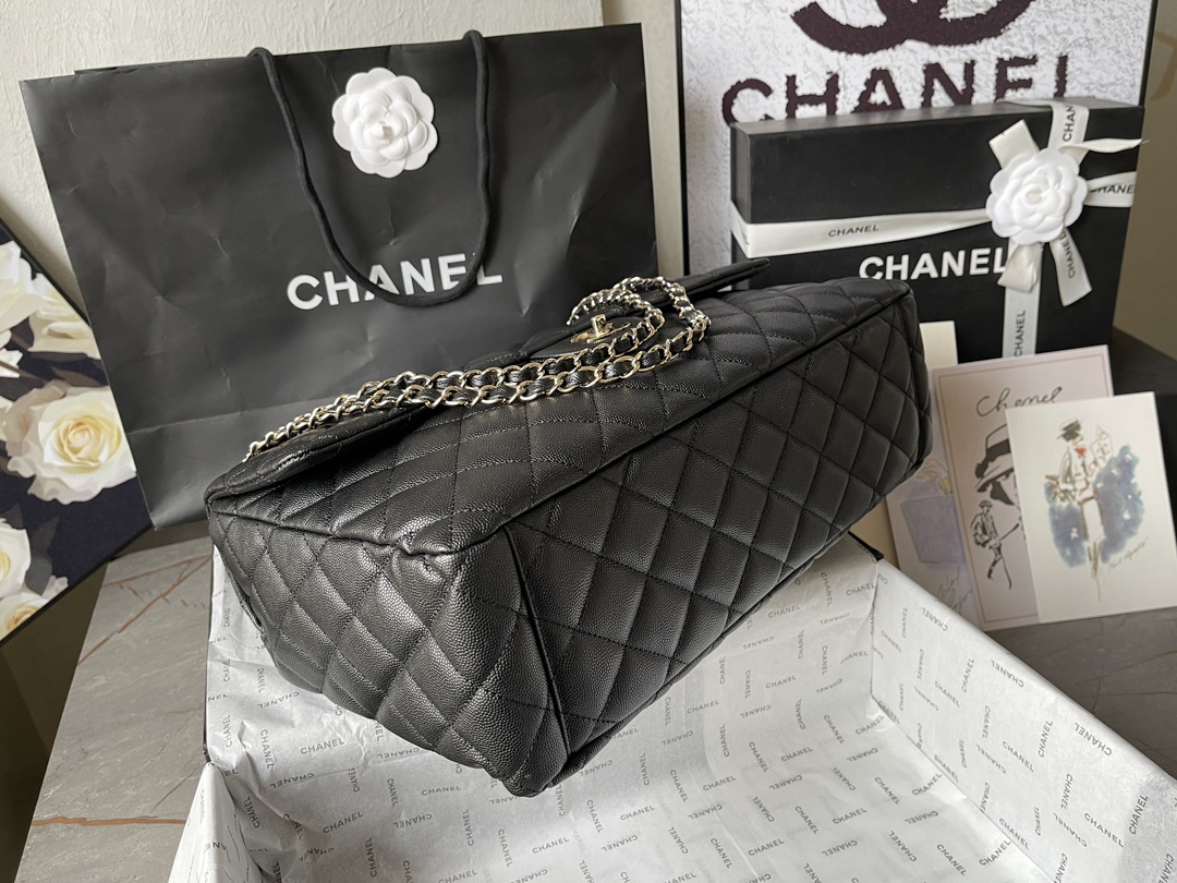 Classic Maxi Single Flap Bag in Black Quilted Caviar Calfskin with Light Gold-Tone Hardware