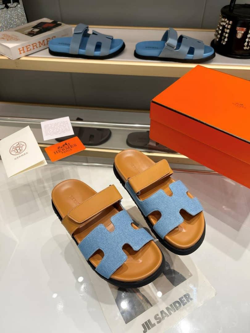 Hermes Chypre Flat Sandals Denim Brown