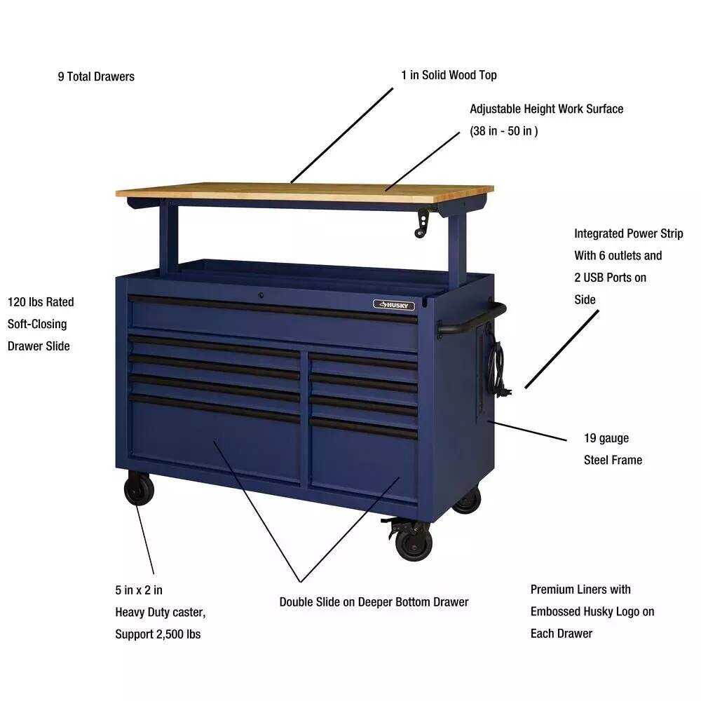 HEAVY-DUTY 52 IN. 9-DRAWER MOBILE WORKBENCH WITH ADJUSTABLE-HEIGHT SOLID WOOD TOP IN MATTE BLUE
