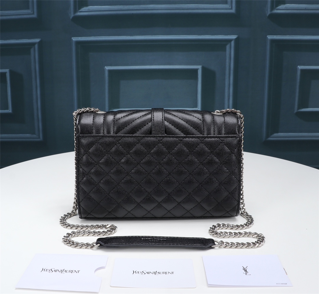 Saint Laurent Envelope Small Bag In Mix Matelasse Grain De Poudre Embossed Black Silver