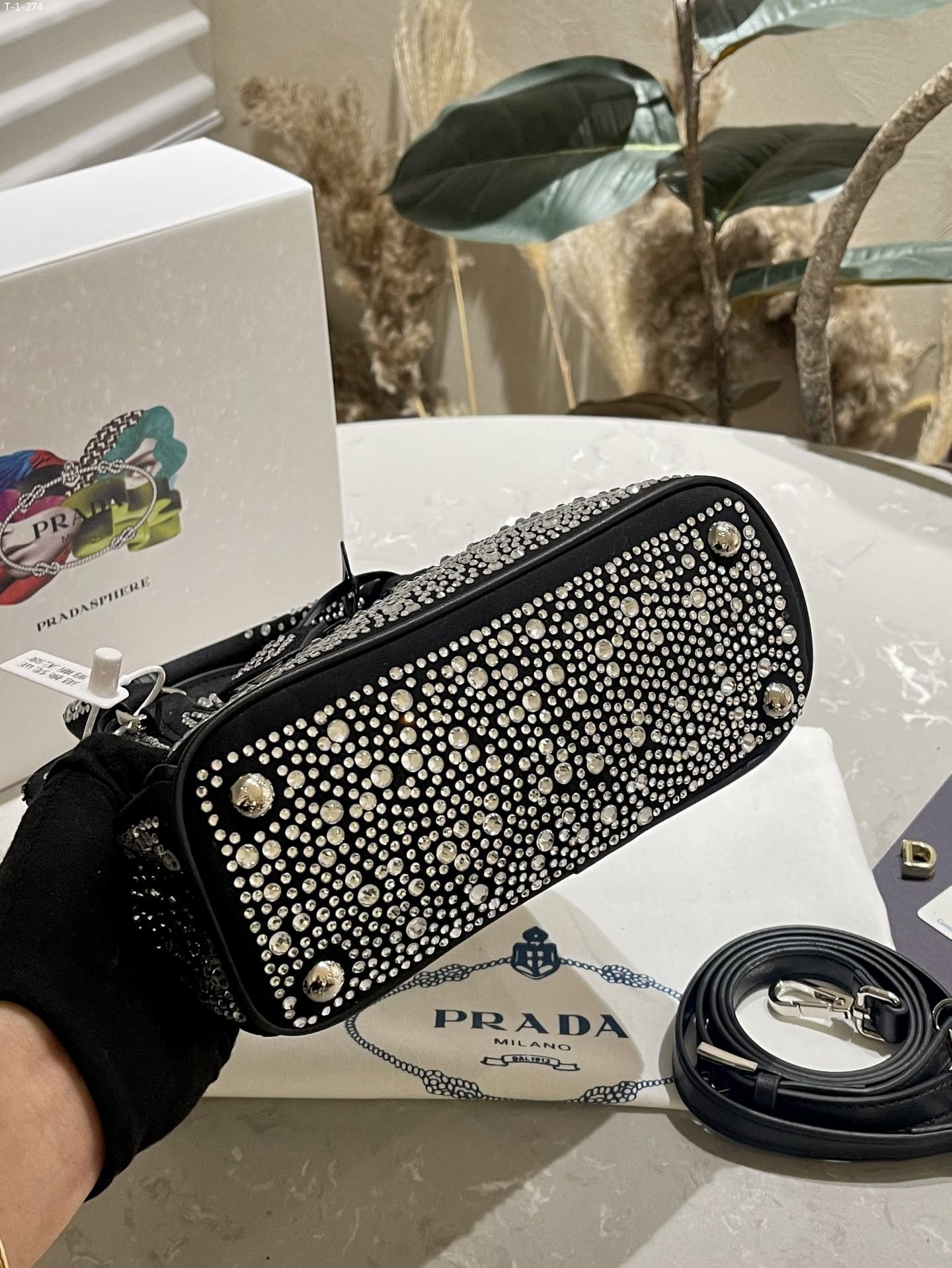 Prada Galleria Satin Mini Bag With Crystals Metal 23Cm