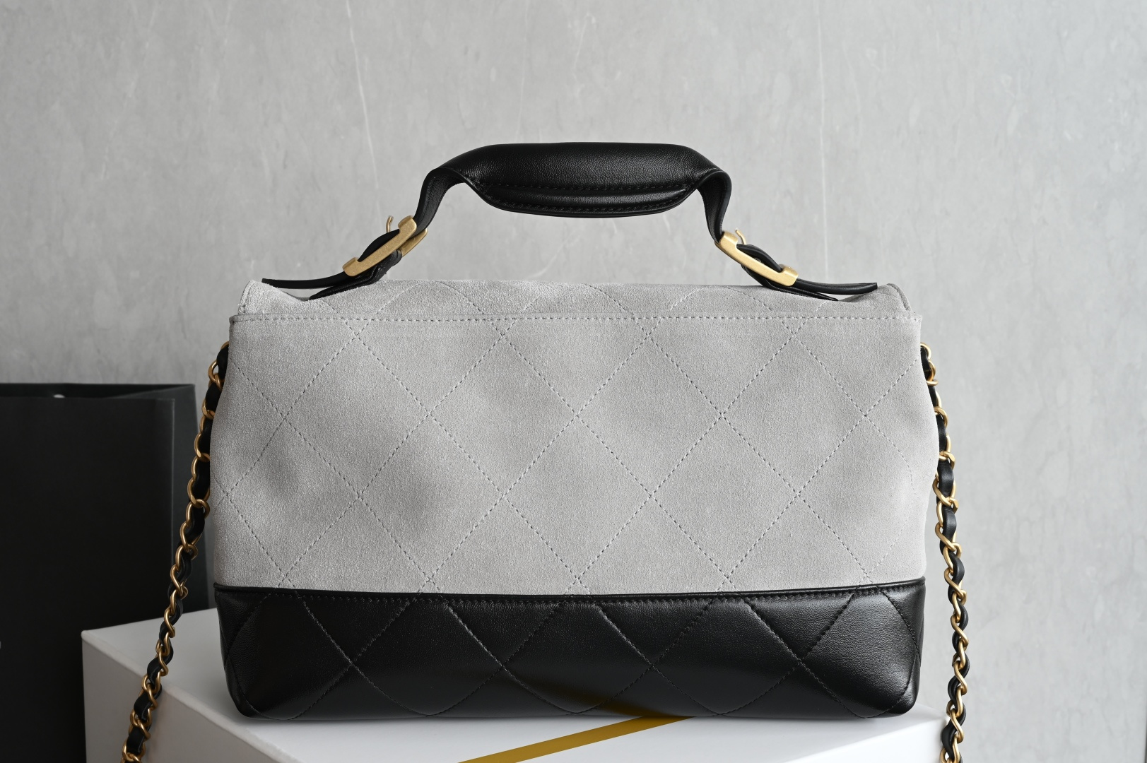 Large Flap Bag With Top Handle in Grey & Black Quilted Suede Lambskin and Shiny Lambskin with Gold-Tone Metal (Model AS5637)