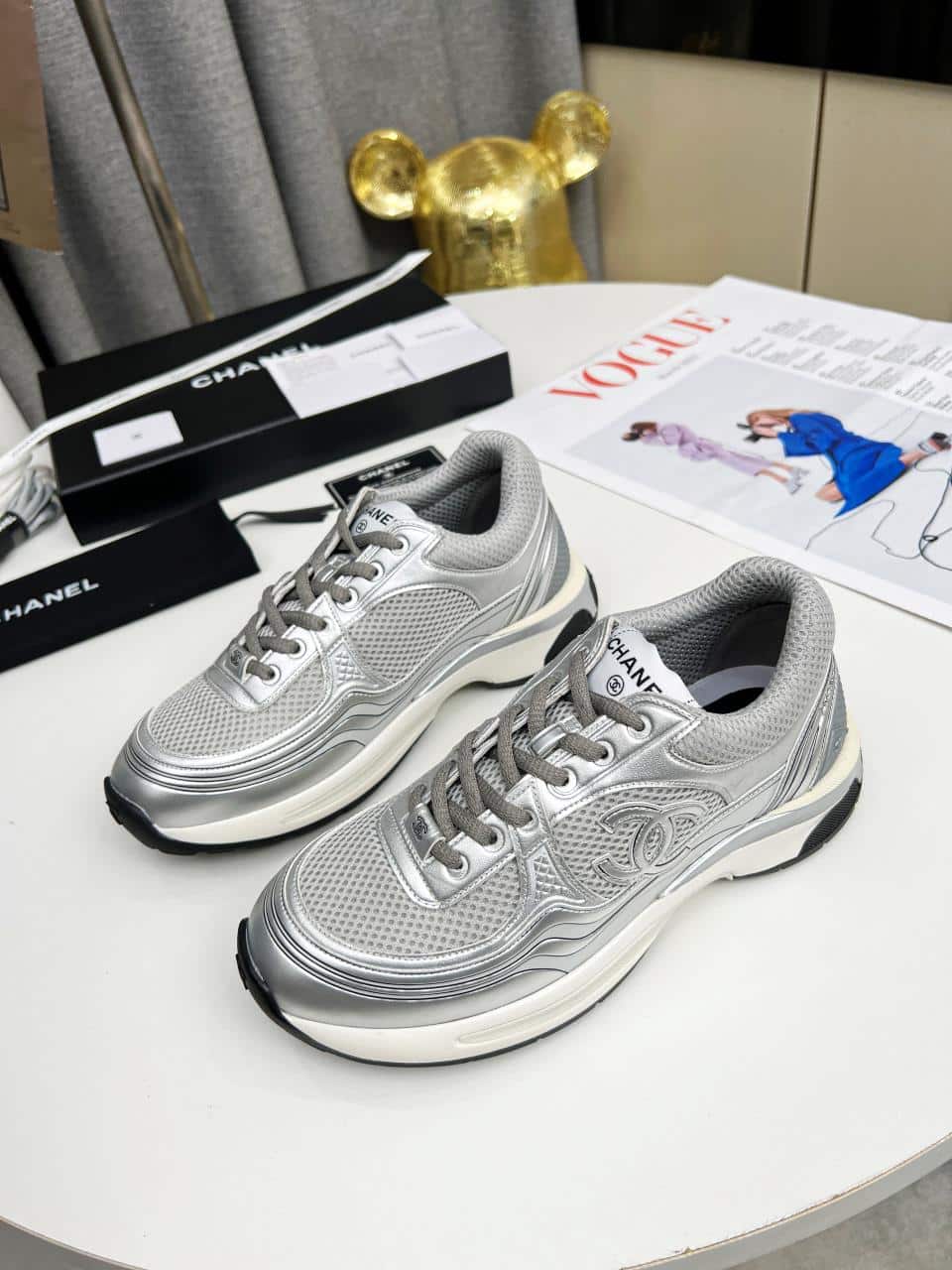 Chanel 23C Silver Metallic Cc Logo Lace Up Flat Runner Trainer Sneaker Gray