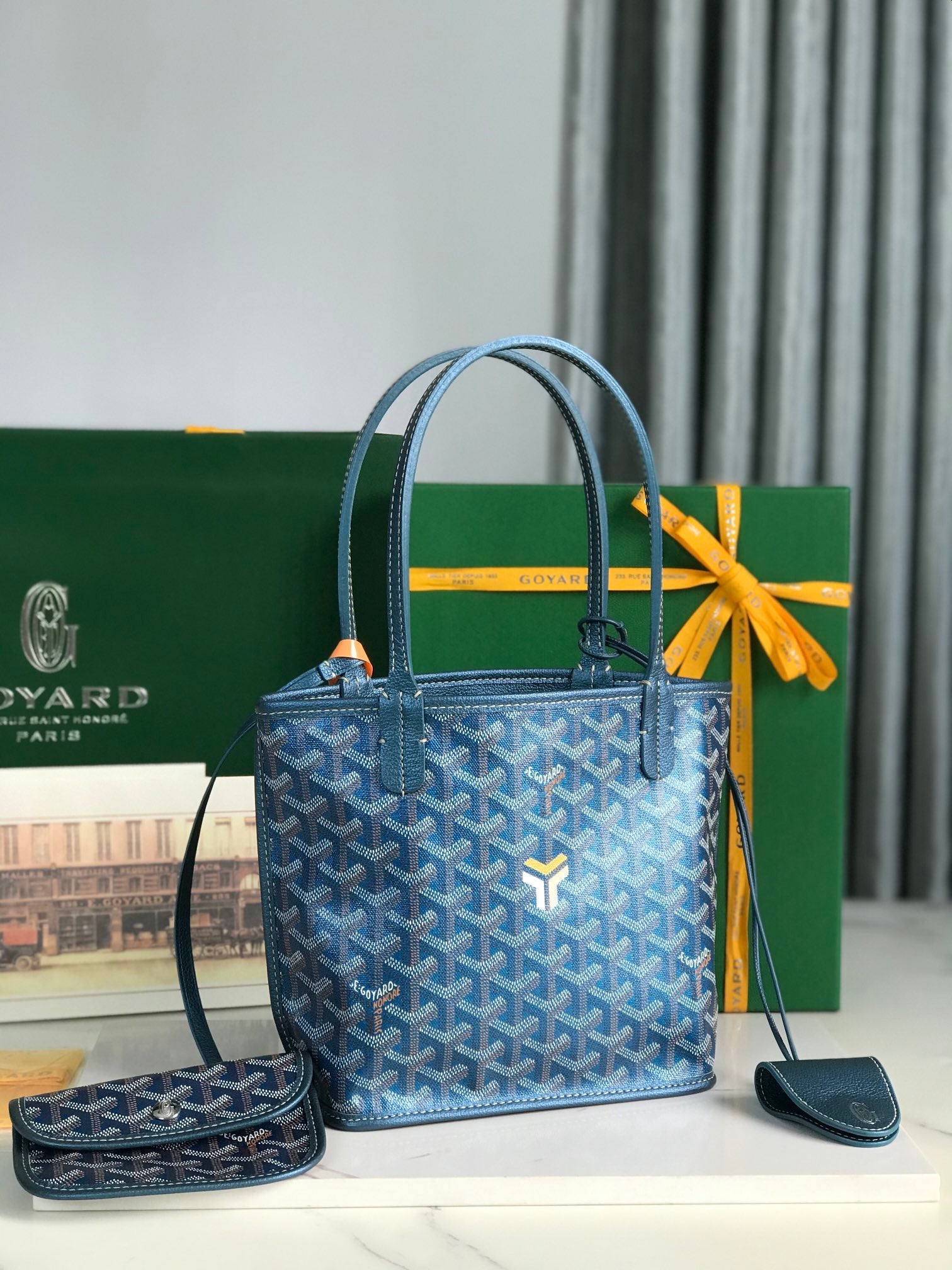 Goyard Anjou Mini Bag 20Cm Deep Blue Canvas Chevroches Calfskin