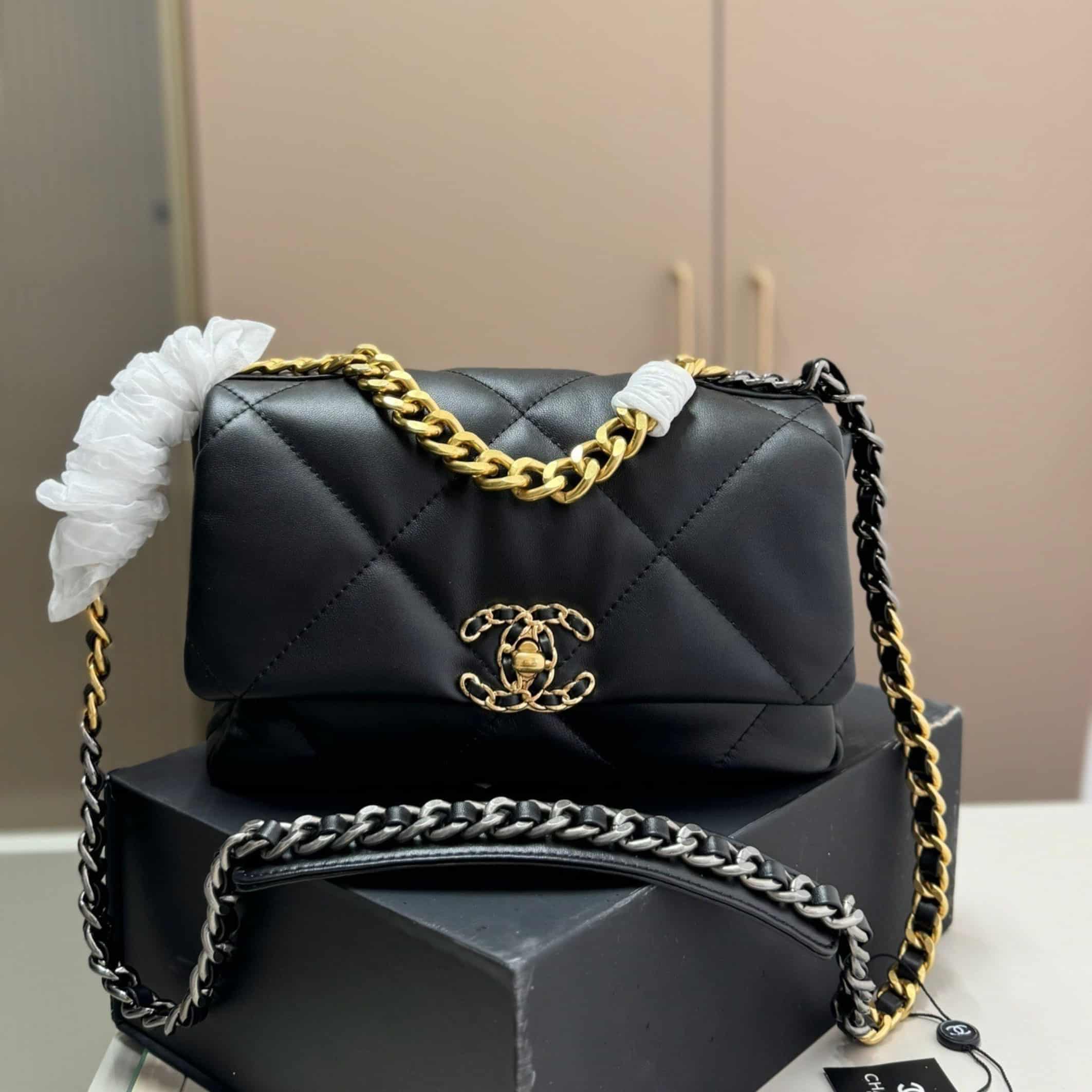 Chanel 19 Handbag Shiny Gold And Silver Tone Black 26Cm AS1160 B04852 94305
