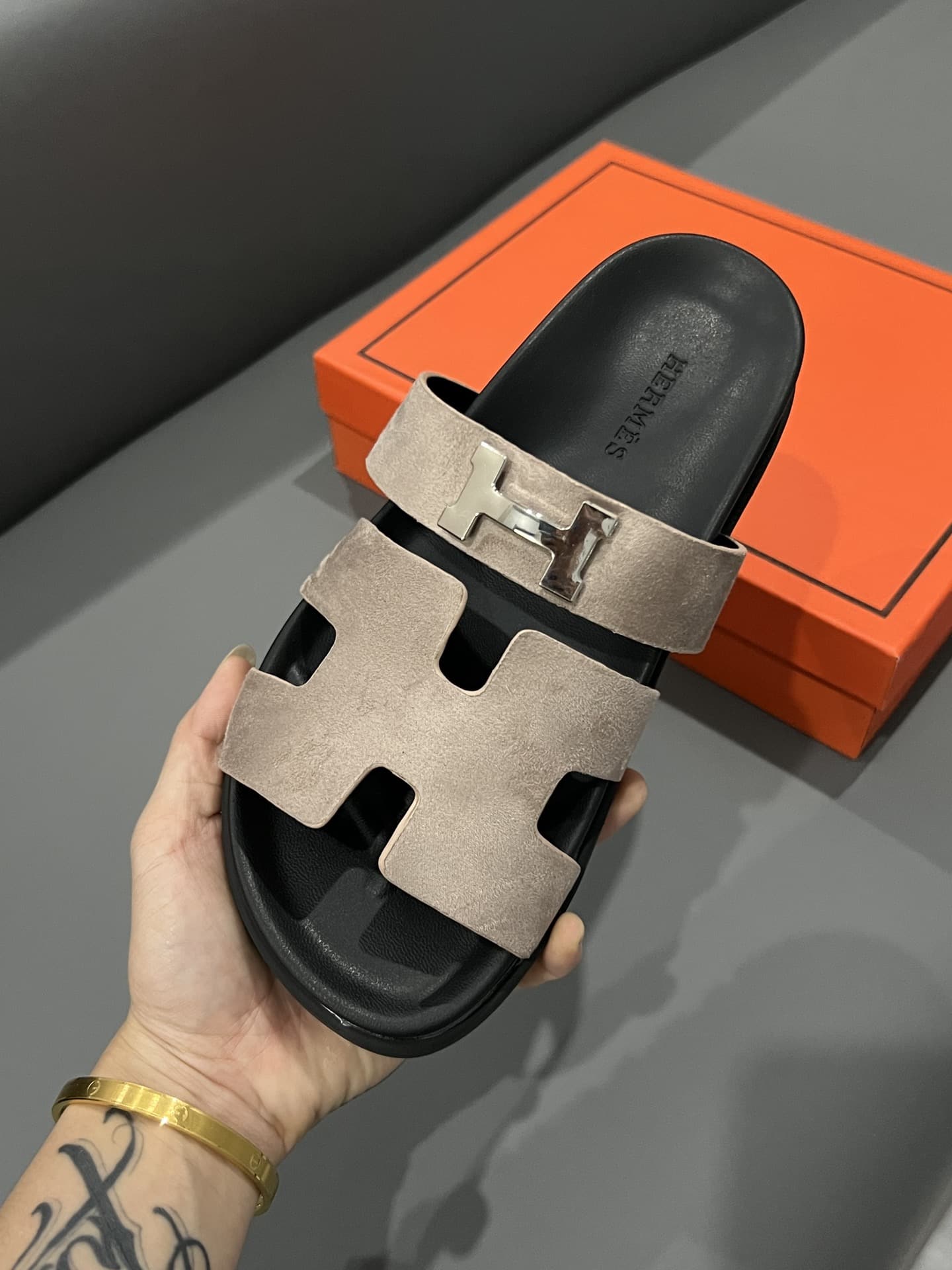 Hermes Chypre Sandal Suede H Logo Silver Hardware Light Brown