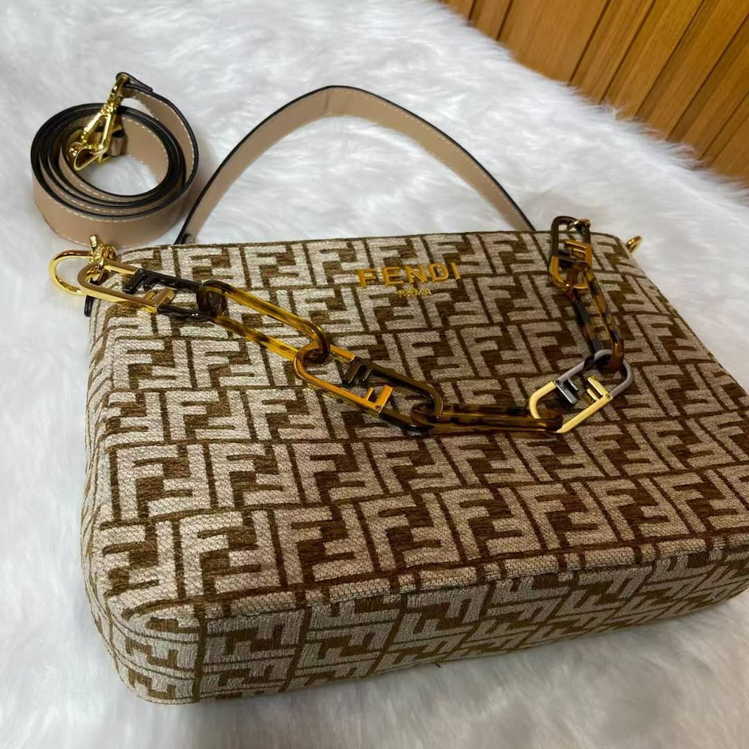 Fendi Olock Zip Dove Brown Tapestry Fabric Bag