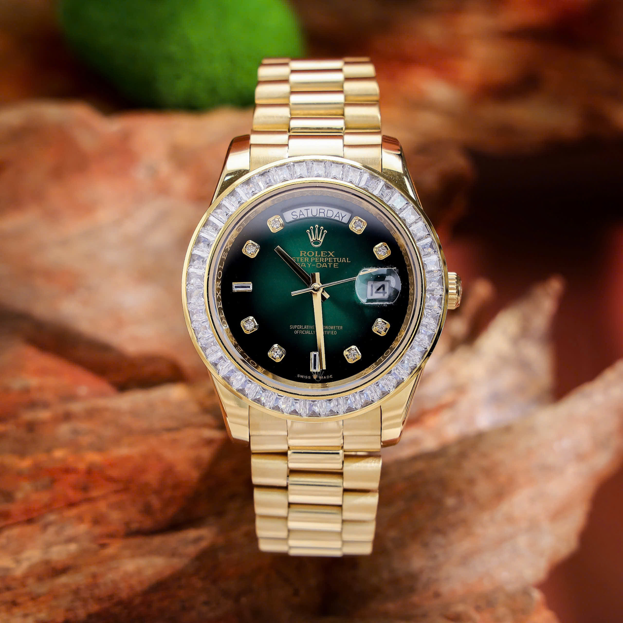 Rolex Yellow Gold Day-Date Diamond Bezel Onyx Green Dial President Bracelet 40mm