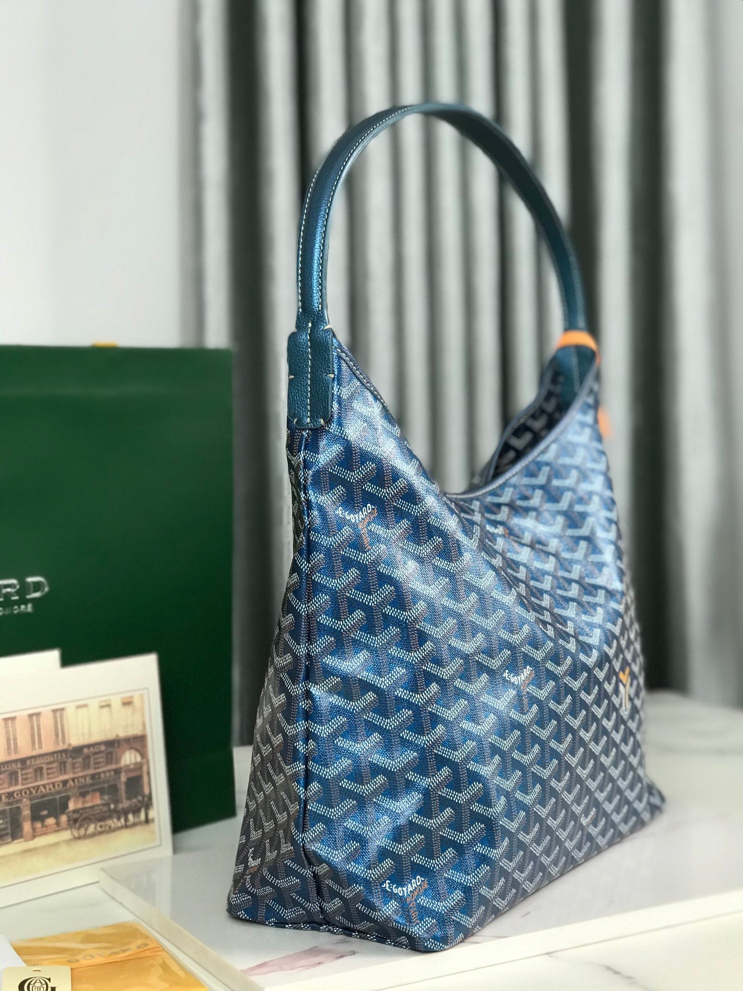 Goyard Bohème Hobo Bag 42Cm Deep Blue Canvas Chevroches Calfskin