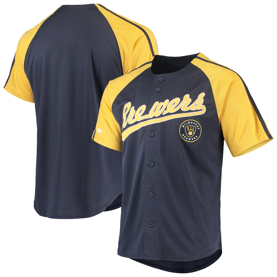 Milwaukee Brewers Stitches Button-Down Raglan Jersey Navy