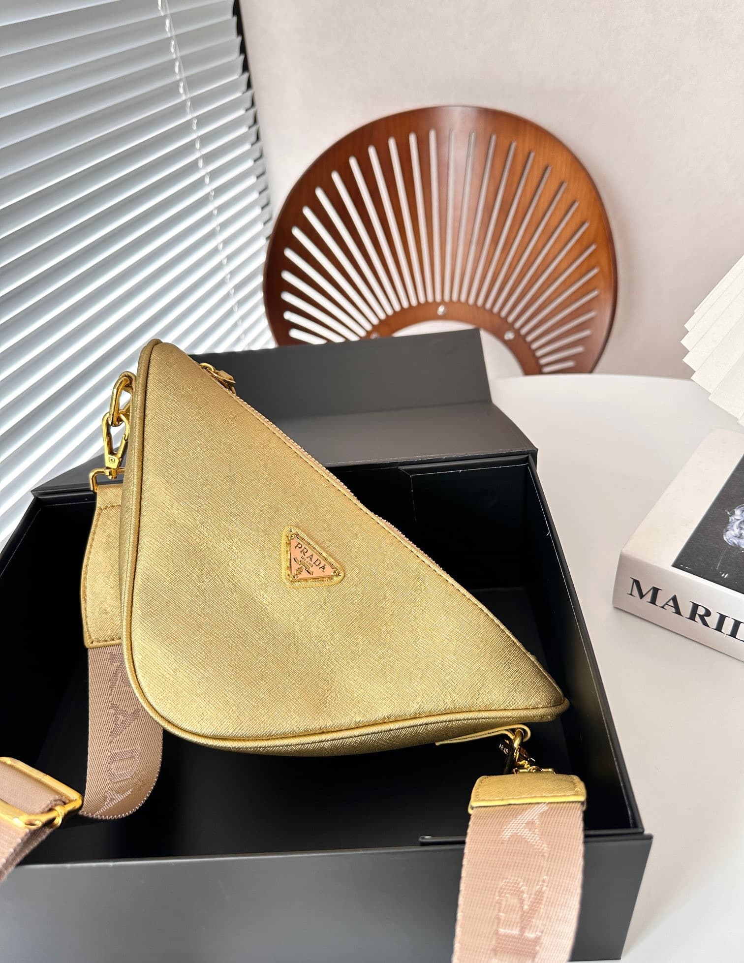 Prada Triangle Saffiano Leather Shoulder Bag Gold 28Cm
