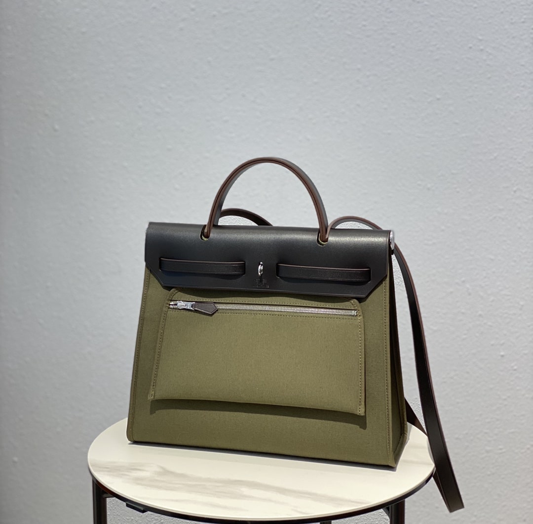 Hermes Herbag Zip 31 Bag Palladium Hardware Khaki 31Cm