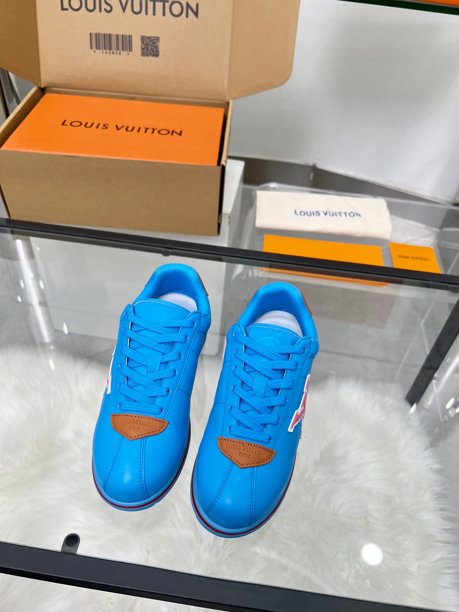 Louis Vuitton LV Trainer Sneaker Blue & Pink – Red Stripe Sole – Women’s Shoes