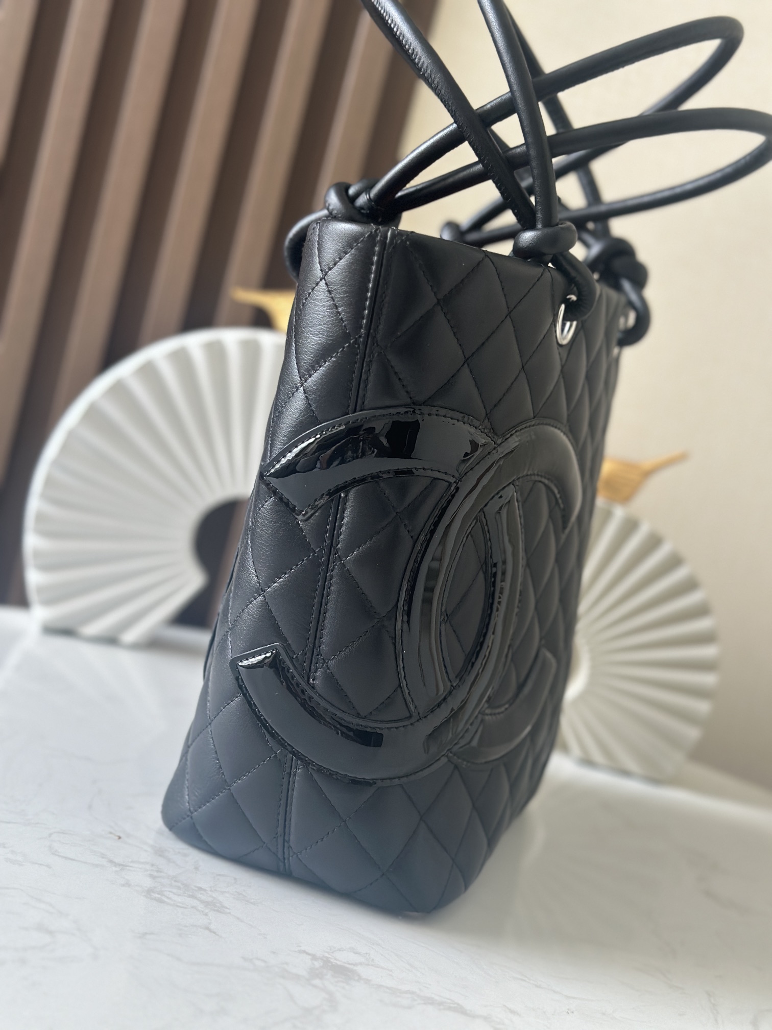 Black Quilted Cambon Small Tote Bag with Patent CC Logo