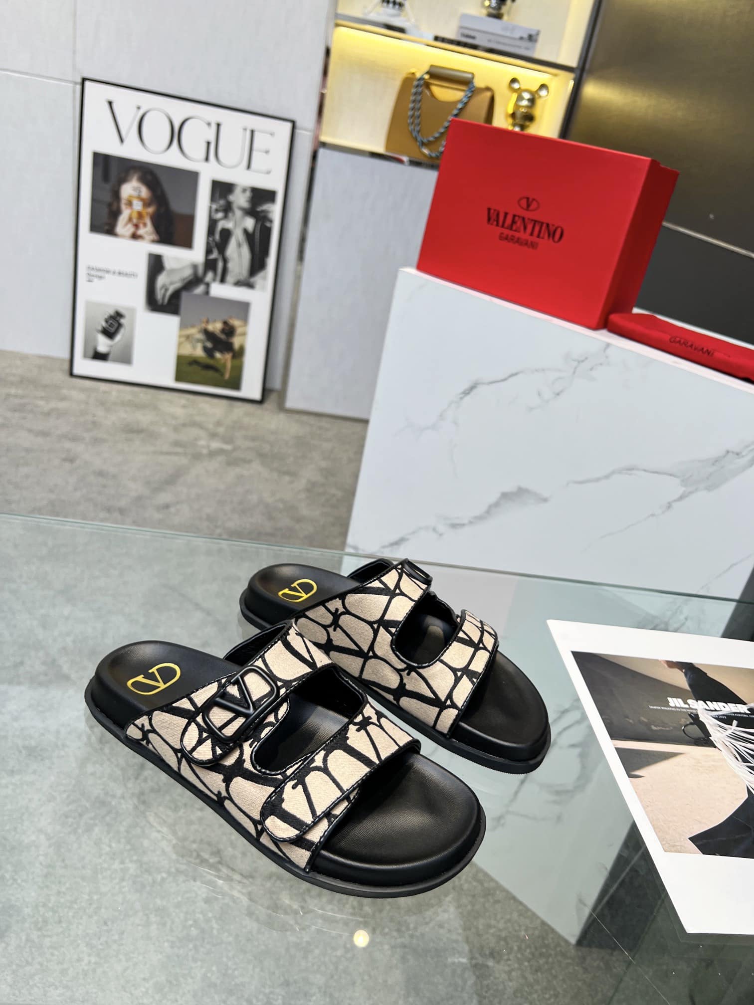 Valentino Garavani VLogo Toile Iconographe Sandal Black Beige