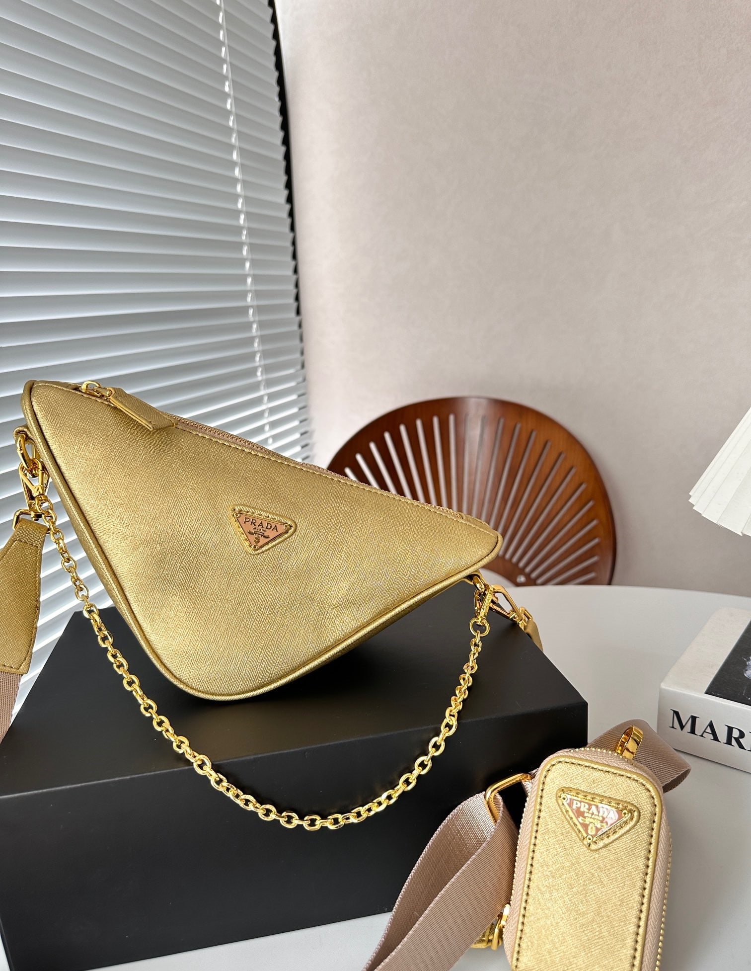 Prada Triangle Saffiano Leather Shoulder Bag Gold 28Cm