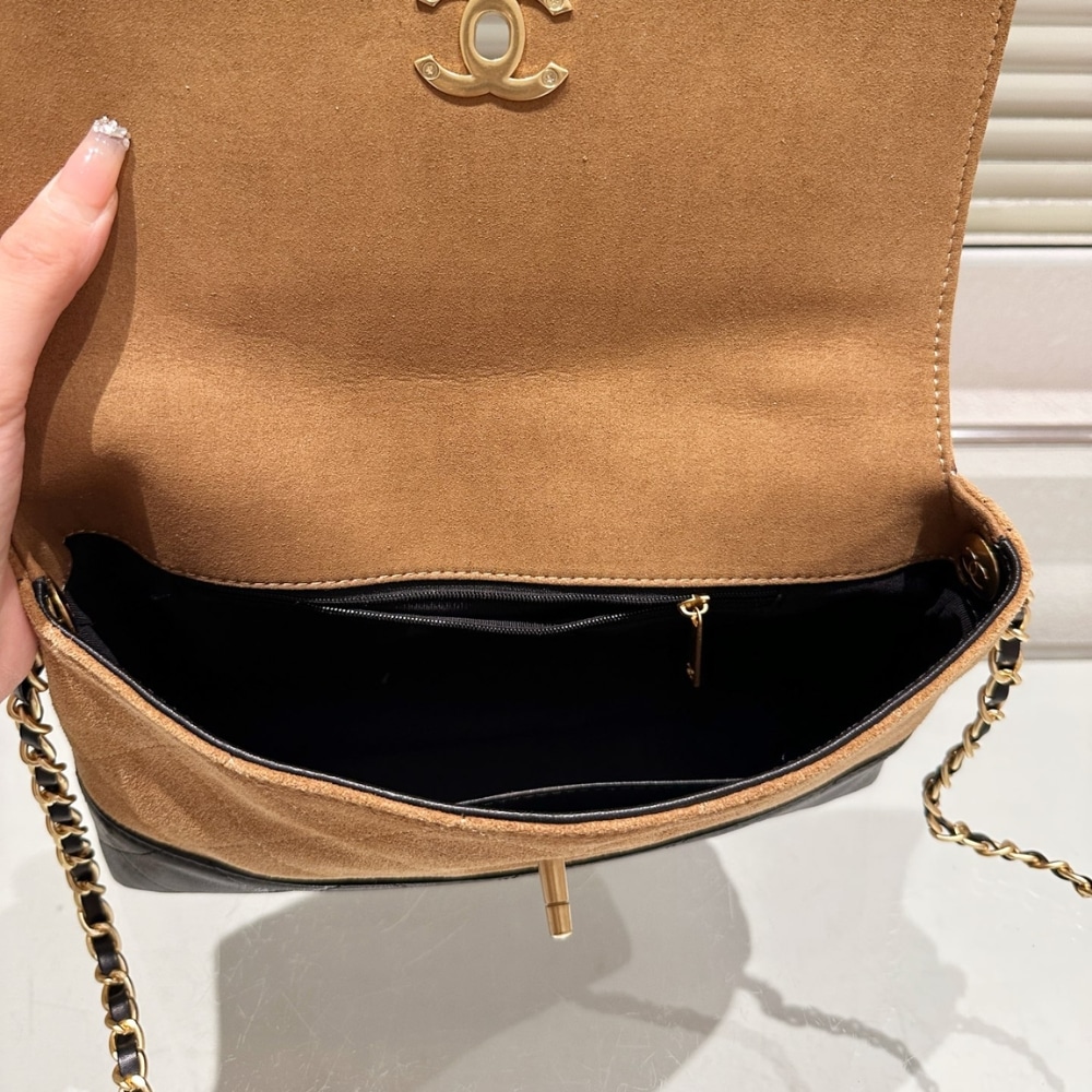 Chanel Large Flap Bag With Top Handle Shiny And Gold Tone Metal Brown Black 29Cm AS5637 B20827 U1536
