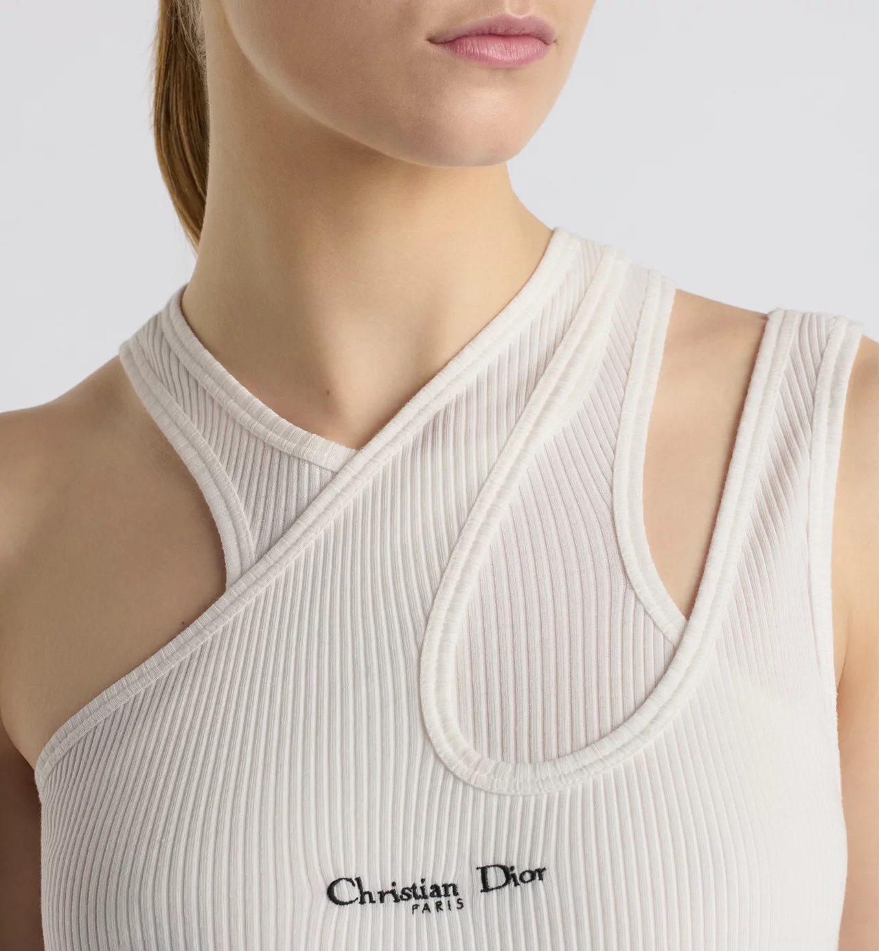 Dior Asymmetric Tank Top White Ribbed Cotton Jersey