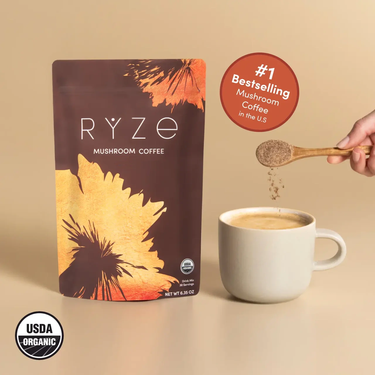 RYZE Mushroom Coffee USDA Organic with 6 Adaptogenic Mushrooms and MCT Oil, USA Grown Instant Coffee for Better Energy, Focus, Digestion, Immunity with Turkey Tail, Shiitake, Lion's Mane, 30 Servings