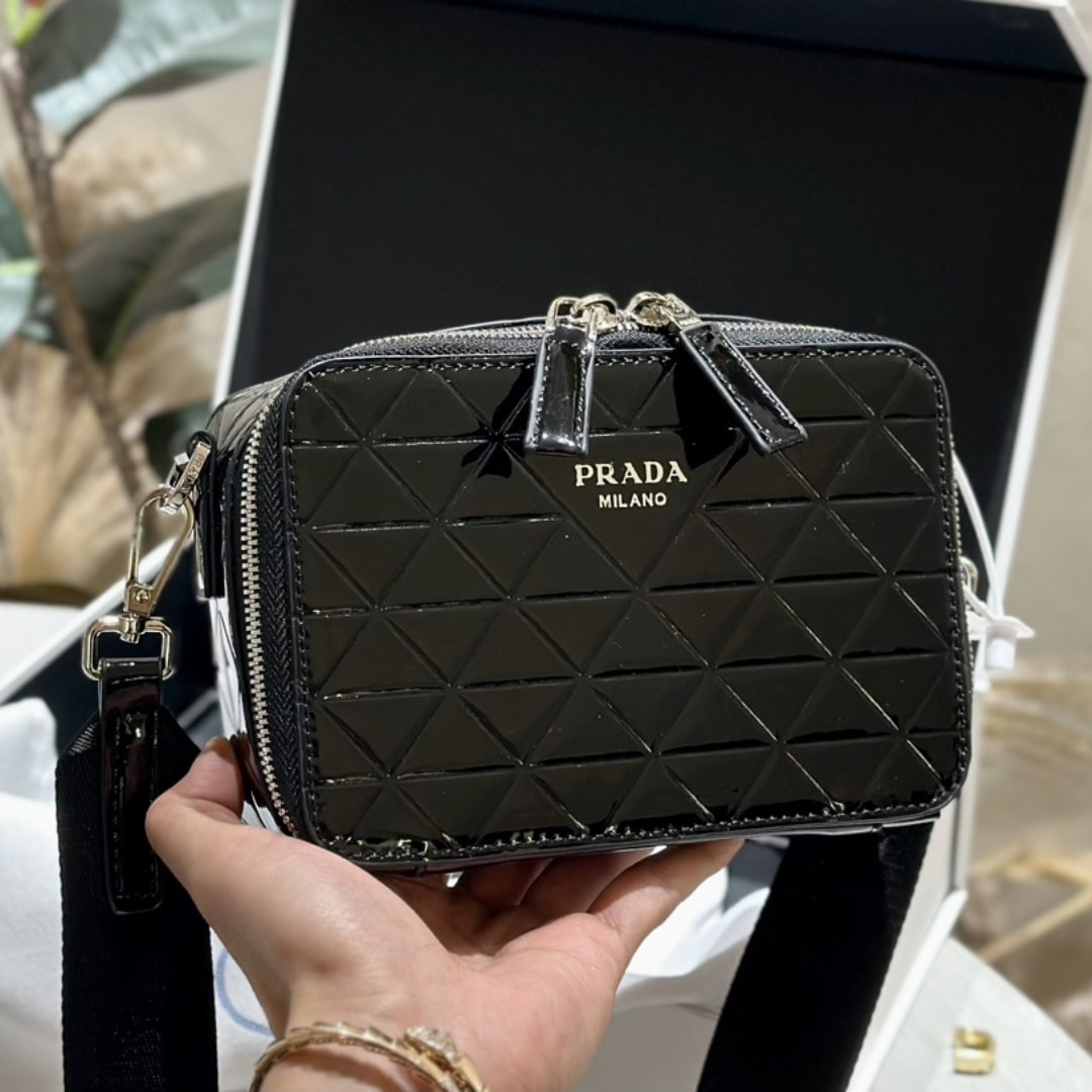 Prada Brique Brushed Leather Bag With Triangle Motif Black 18Cm