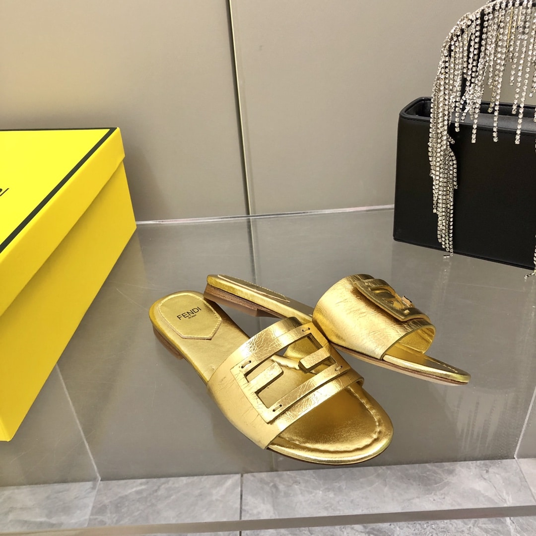 Fendi Baguette Gold Nappa Leather Slides 8R8136Ai16F0Xv6