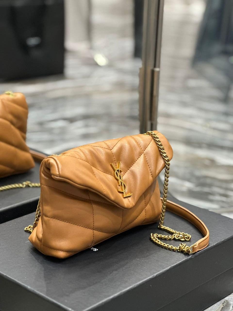 Saint Laurent Puffer Toy Bag In Quilted Light Brown 26Cm