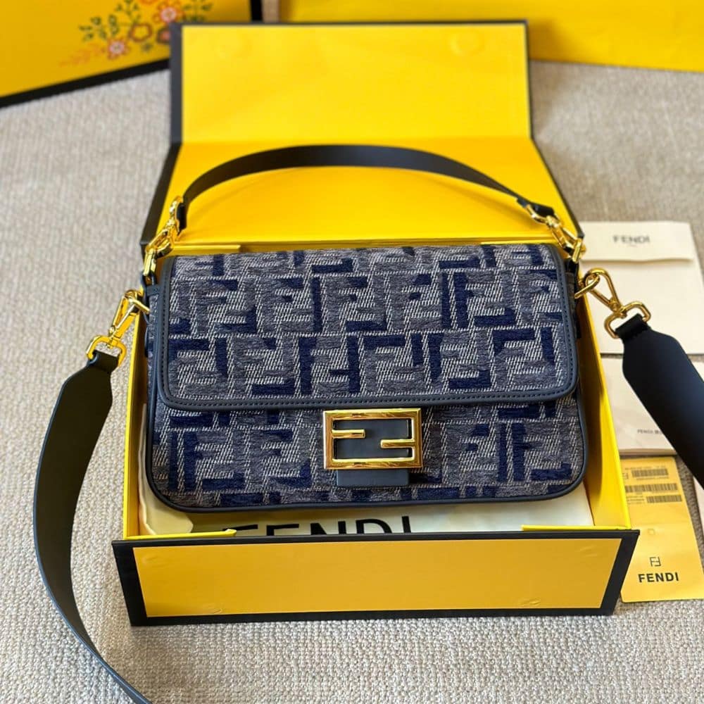 Fendi Baguette Ff Chenille Bag Dark Blue 27Cm