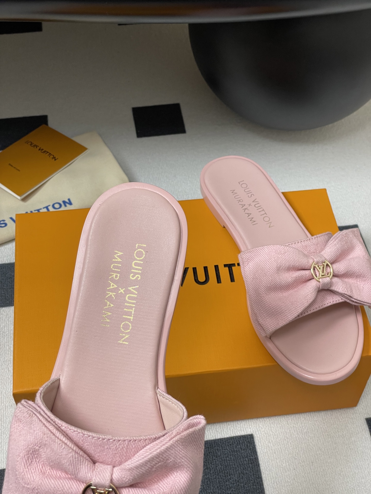 Louis Vuitton x Takashi Murakami Lily Flat Mule Bow Slide Sandals Black Canvas 1AGVYA