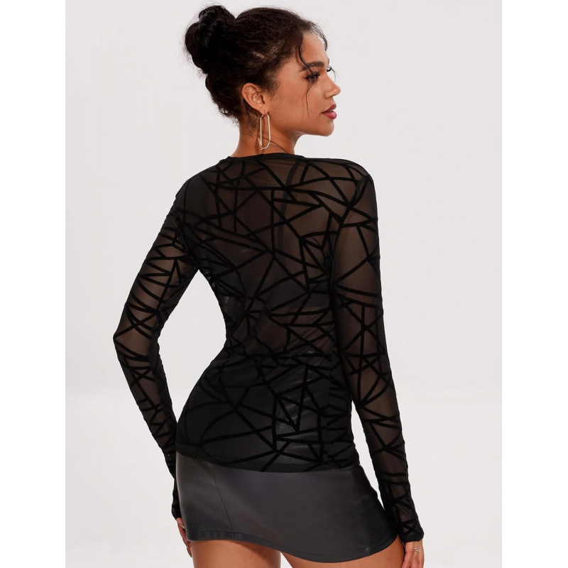 Women's Mesh Long Sleeve Tops Crew Neck Sexy