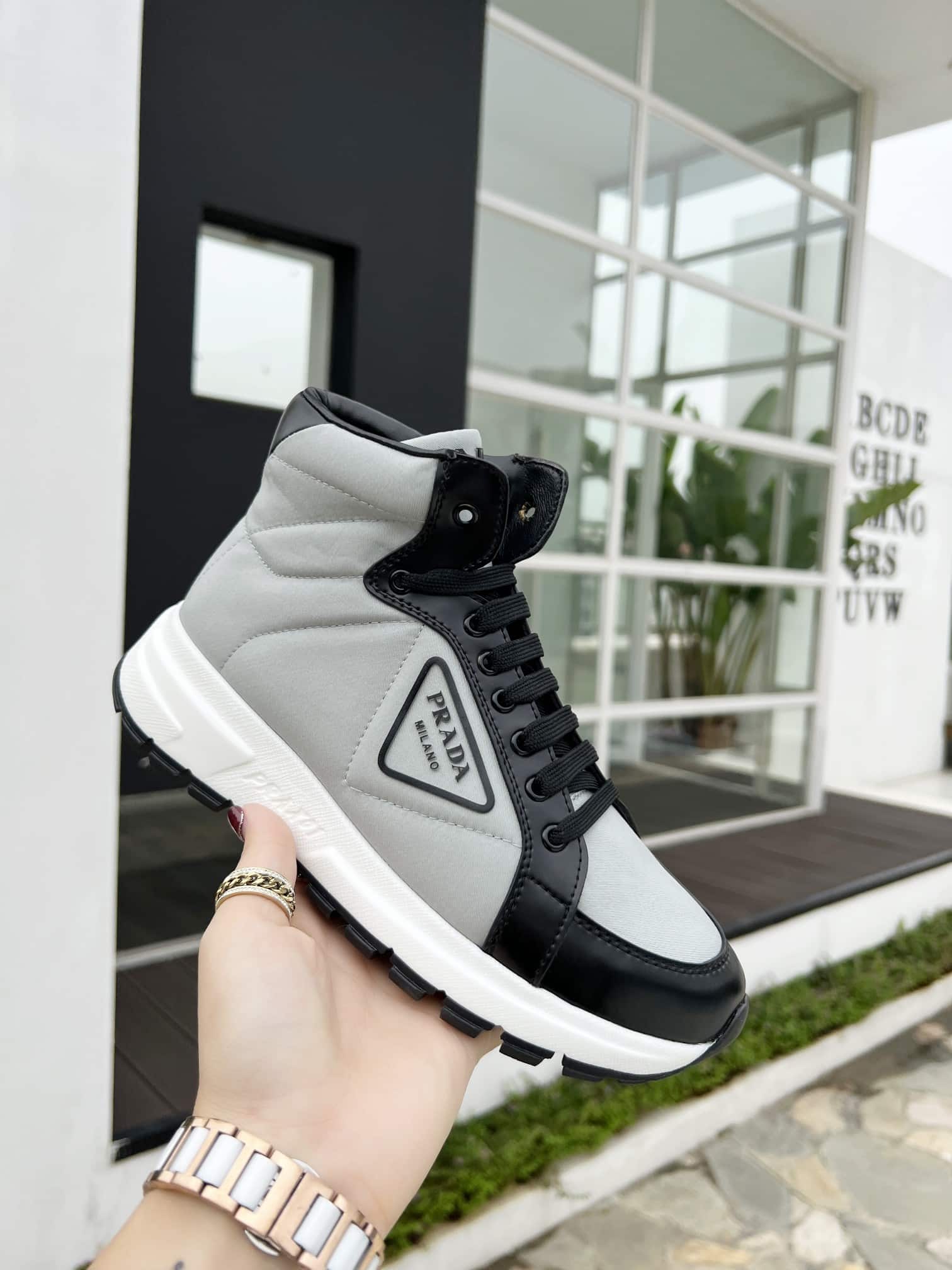 Prada Prax 01 Re Nylon And Brushed Leather Sneakers Grey