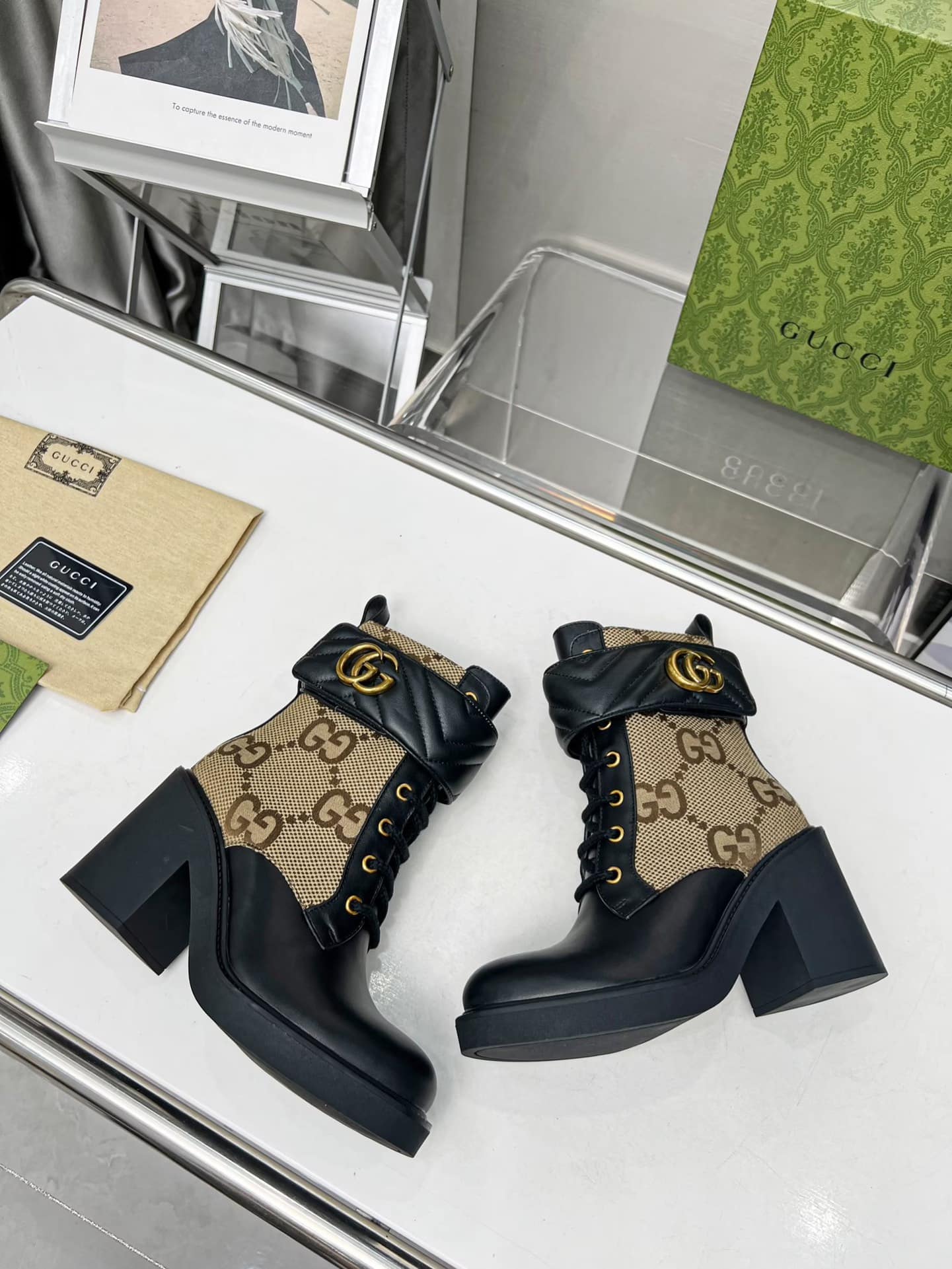 Gucci With Double G Ankle Boots Camel Ebony 719849 Aabd0 1183