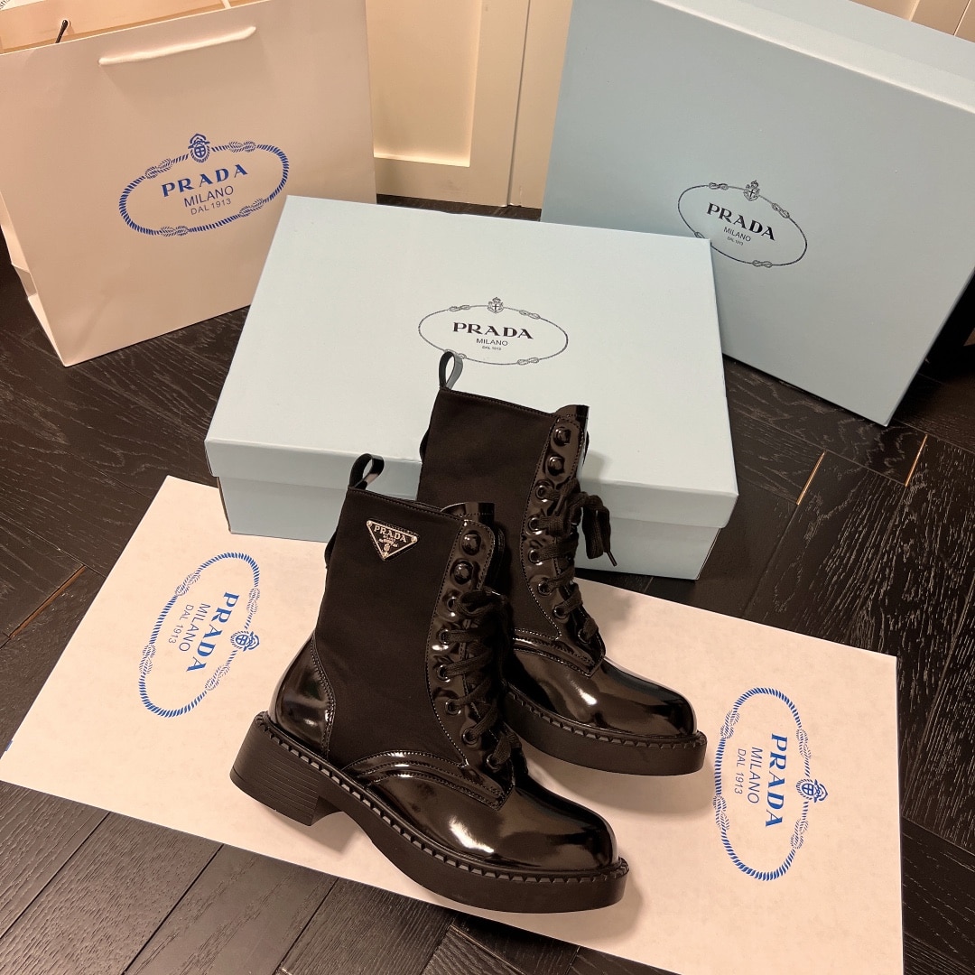 Prada Brushed-Leather And Re-Nylon Boots Shiny Black