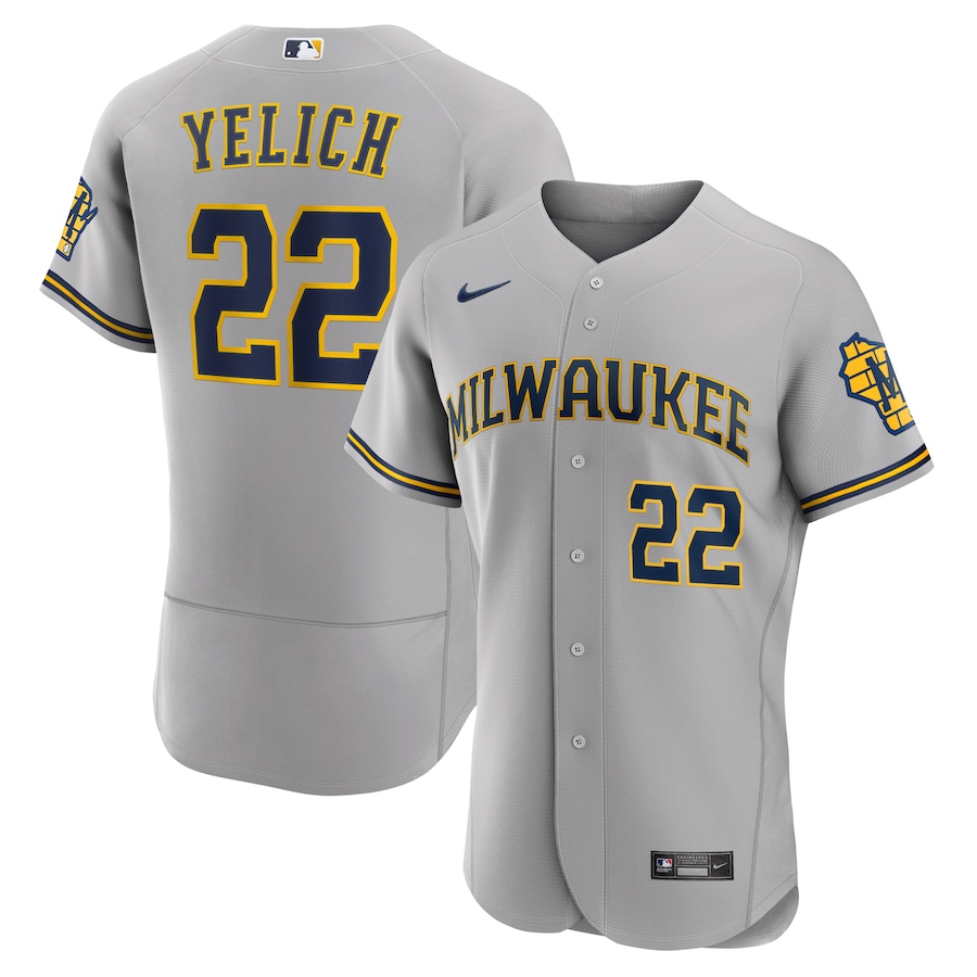 Christian Yelich Milwaukee Brewers Road Player Logo Jersey Gray