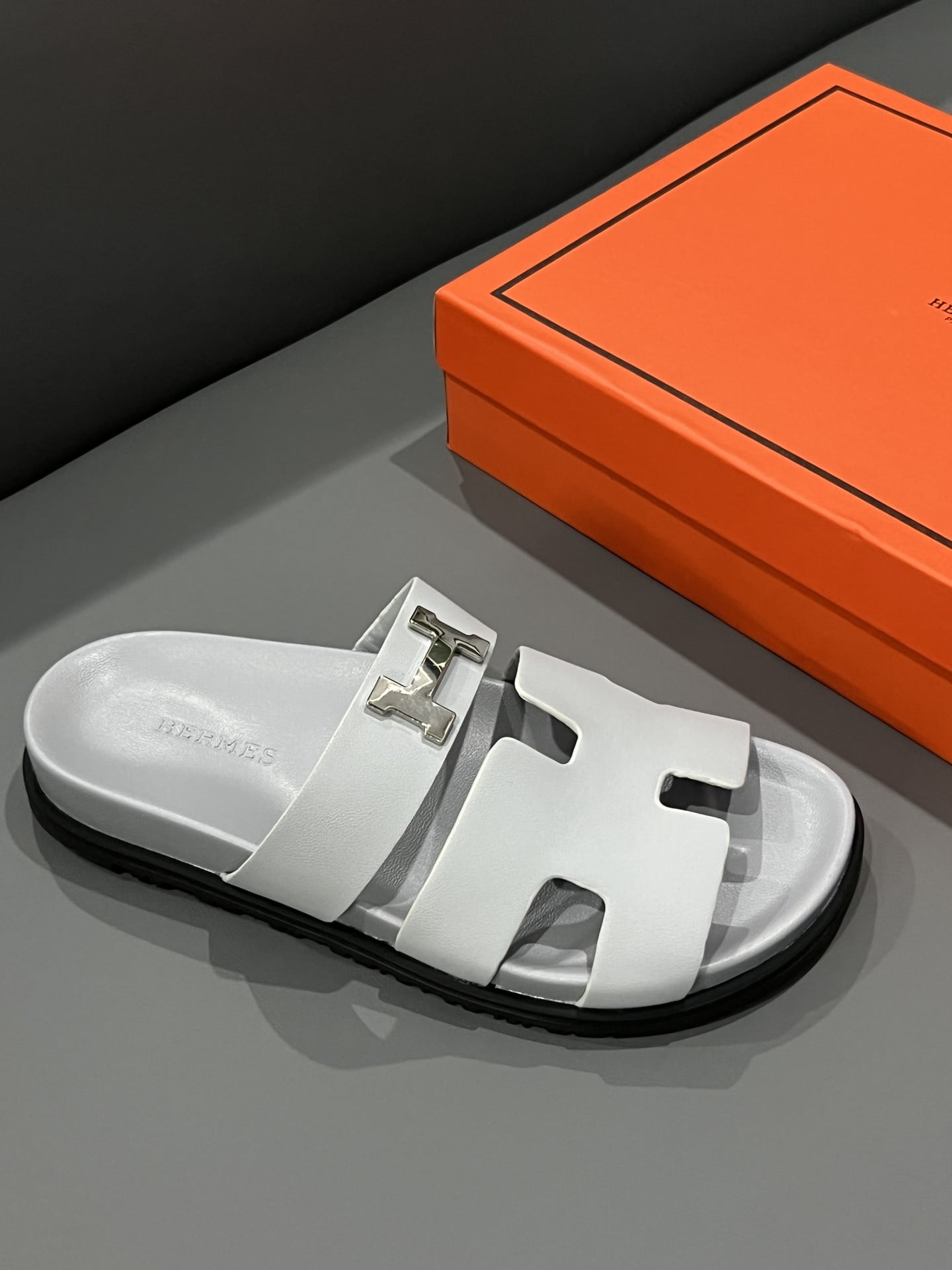 Hermes Chypre Sandal H Logo Silver Hardware Light Grey