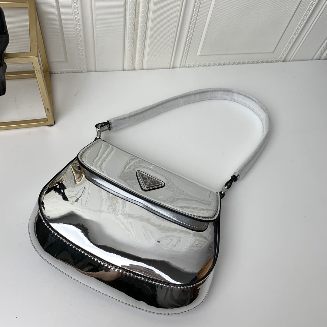 Prada Cleo Brushed Leather Shoulder Bag In Silver