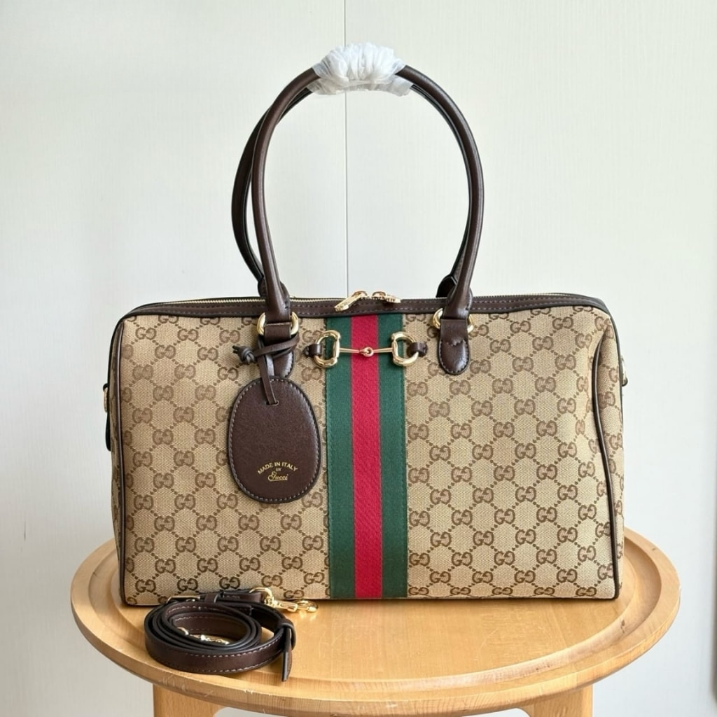Gucci Borsetto Large Boston Bag GG Canvas Sand And Brown 38Cm 866734 FAFV9 9653