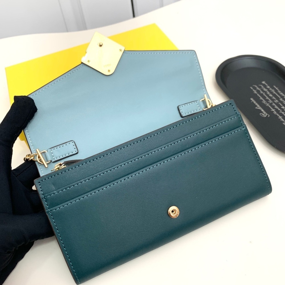 Fendi Ff Diamonds Continental With Chain Leather Wallet Green Blue 19Cm