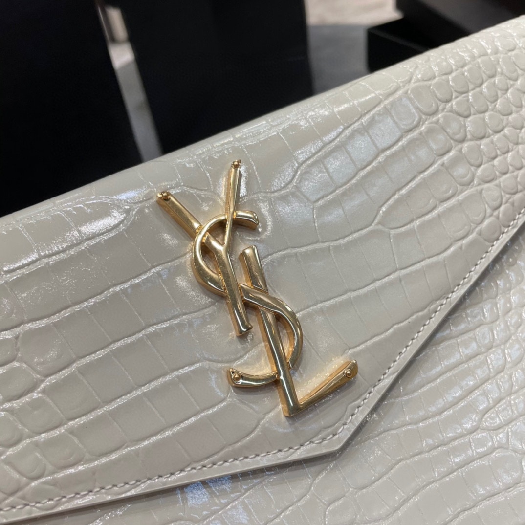 Saint Laurent Uptown Pouch In Crocodile Embossed Shiny Leather