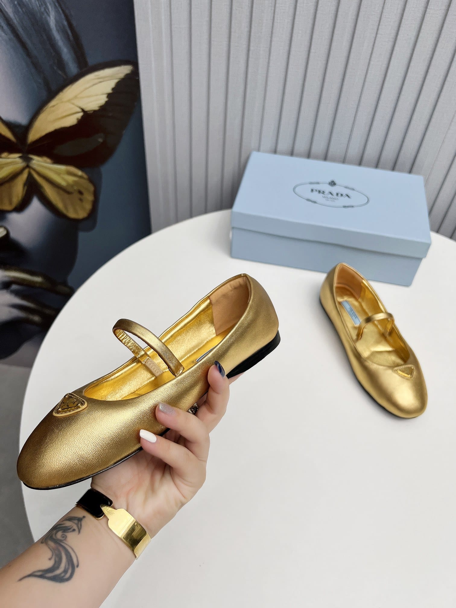 Prada Soft Padded Nappa Leather Ballerinas Gold