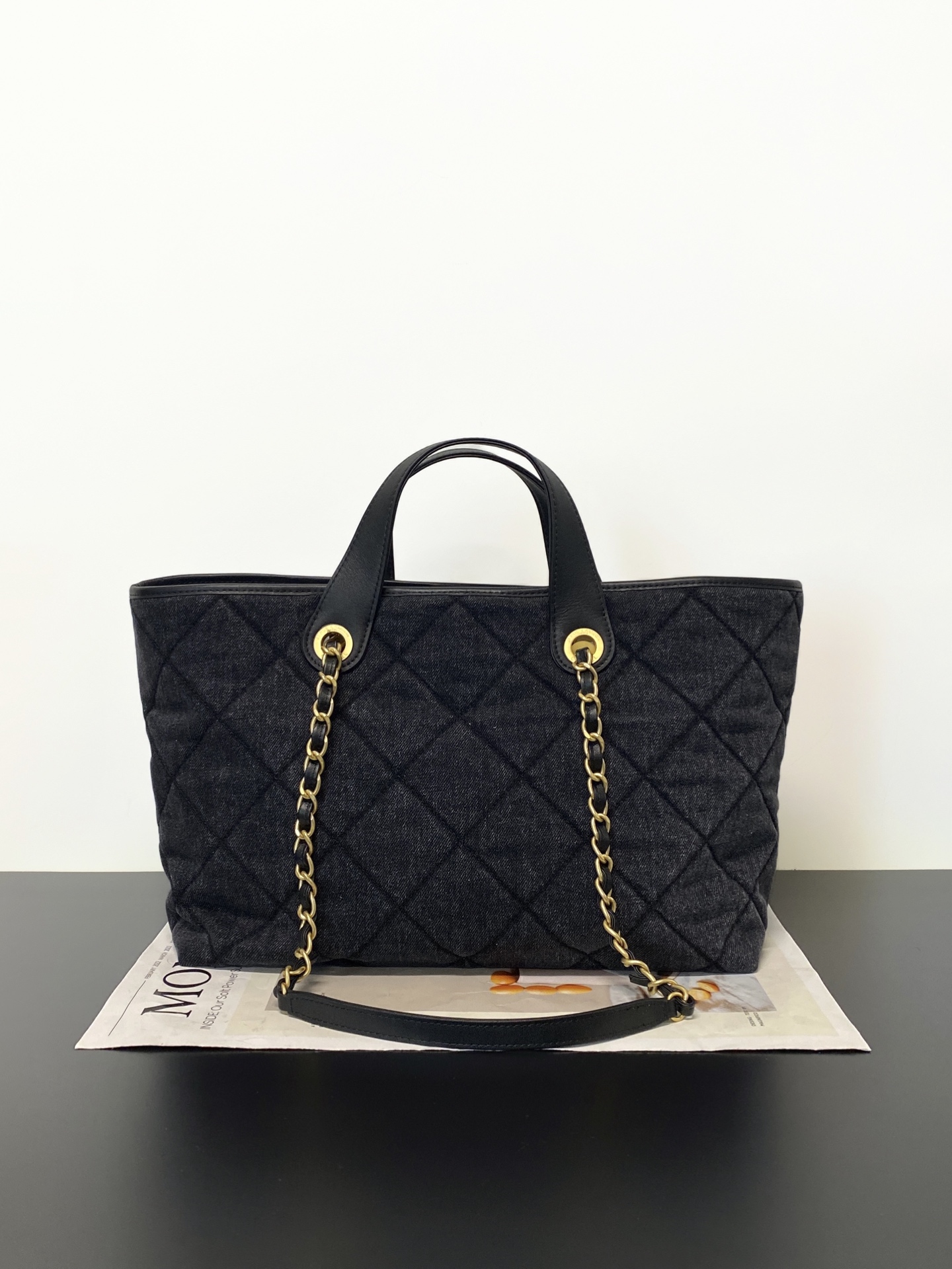 26C Denim Tote Bag in Black Washed Denim with Antique Gold Hardware (Model AS5640)