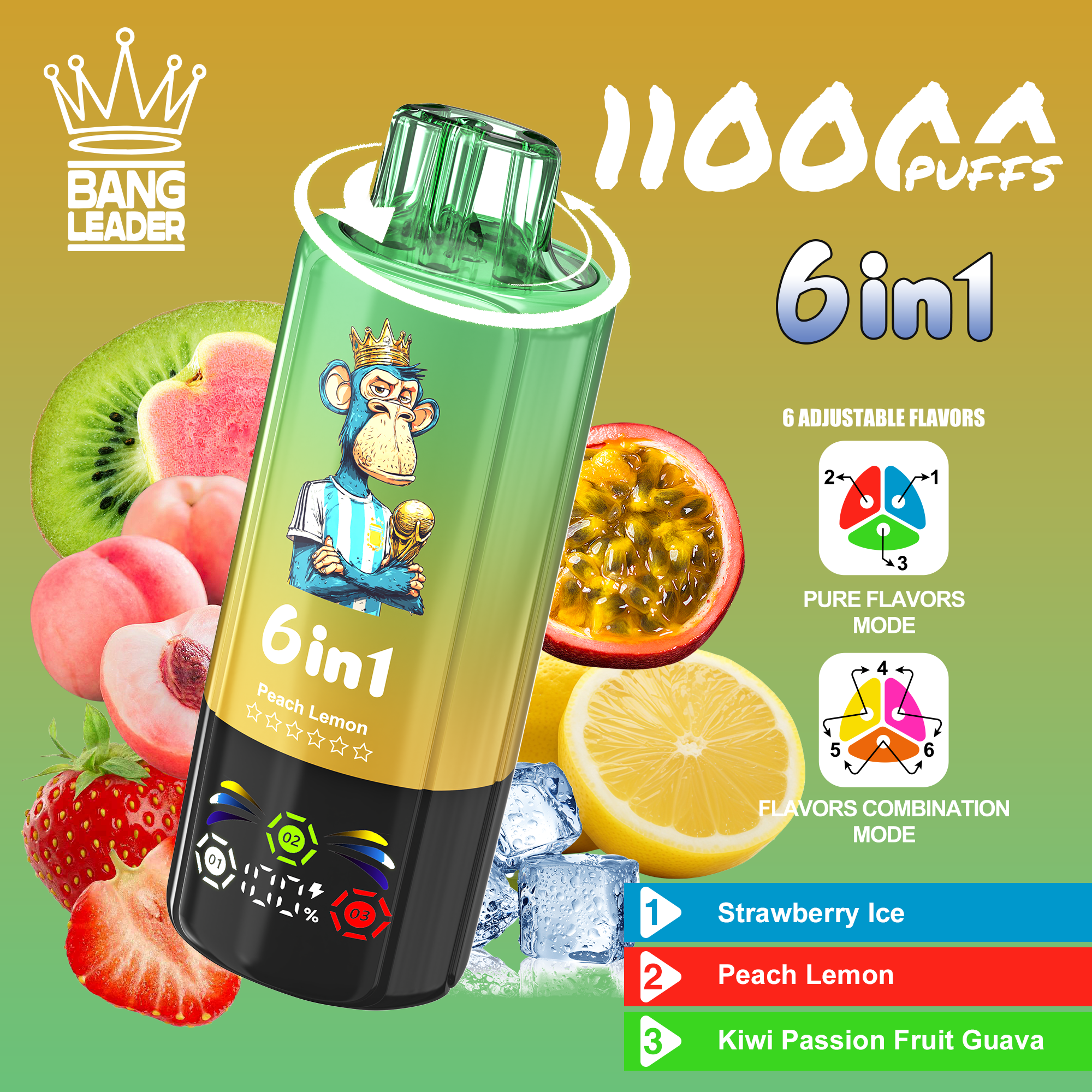 Bang Leader 110K Puffs 6-in-1 Prefilled  Vape | 6 Flavors in 1 Device,  Rechargeable, 3%/5%