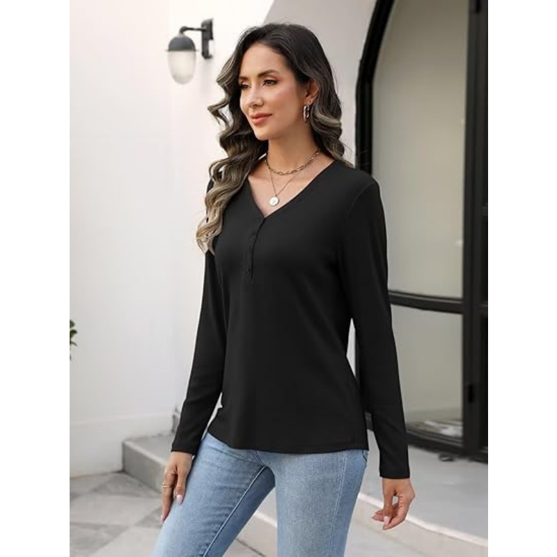 Women's Long Sleeve V‑Neck Henley Tops