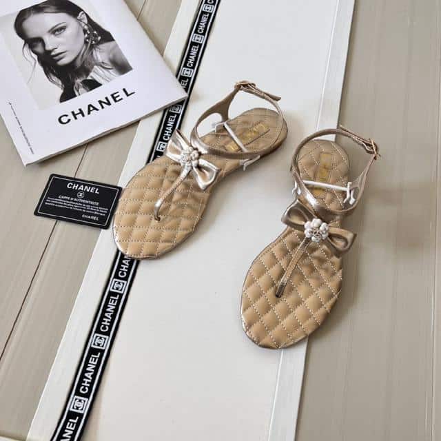 Chanel Gold Quilted Leather With White Camellia Cc Logo Bow Thong Sandals