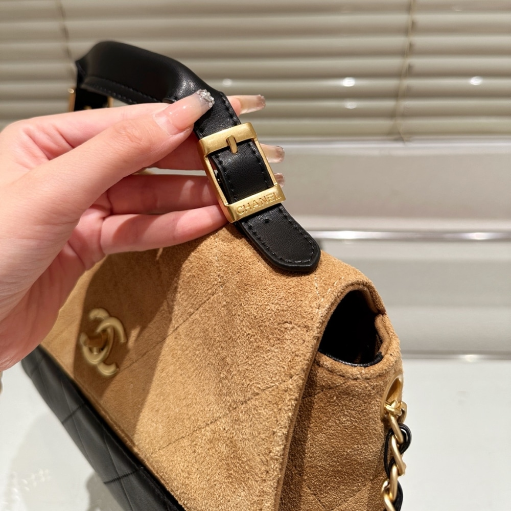 Chanel Large Flap Bag With Top Handle Shiny And Gold Tone Metal Brown Black 29Cm AS5637 B20827 U1536