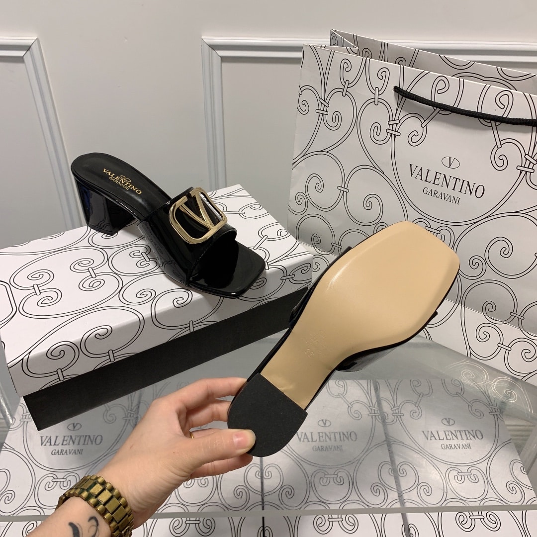 Valentino VLogo Signature Square-Toe Mid-Heel Slide Sandals - Black
