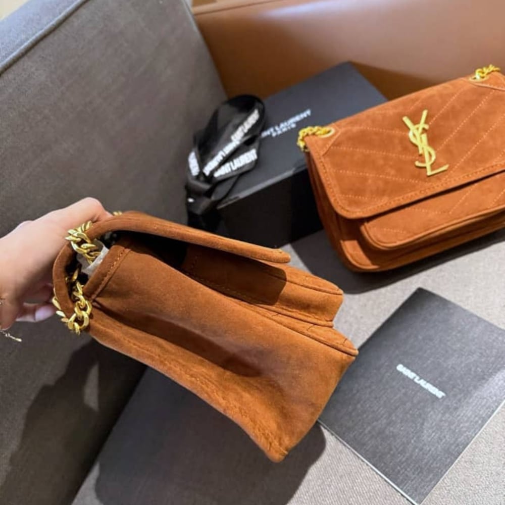 Saint Laurent Niki Baby Quilted Suede Chain Bag Brown 28cm