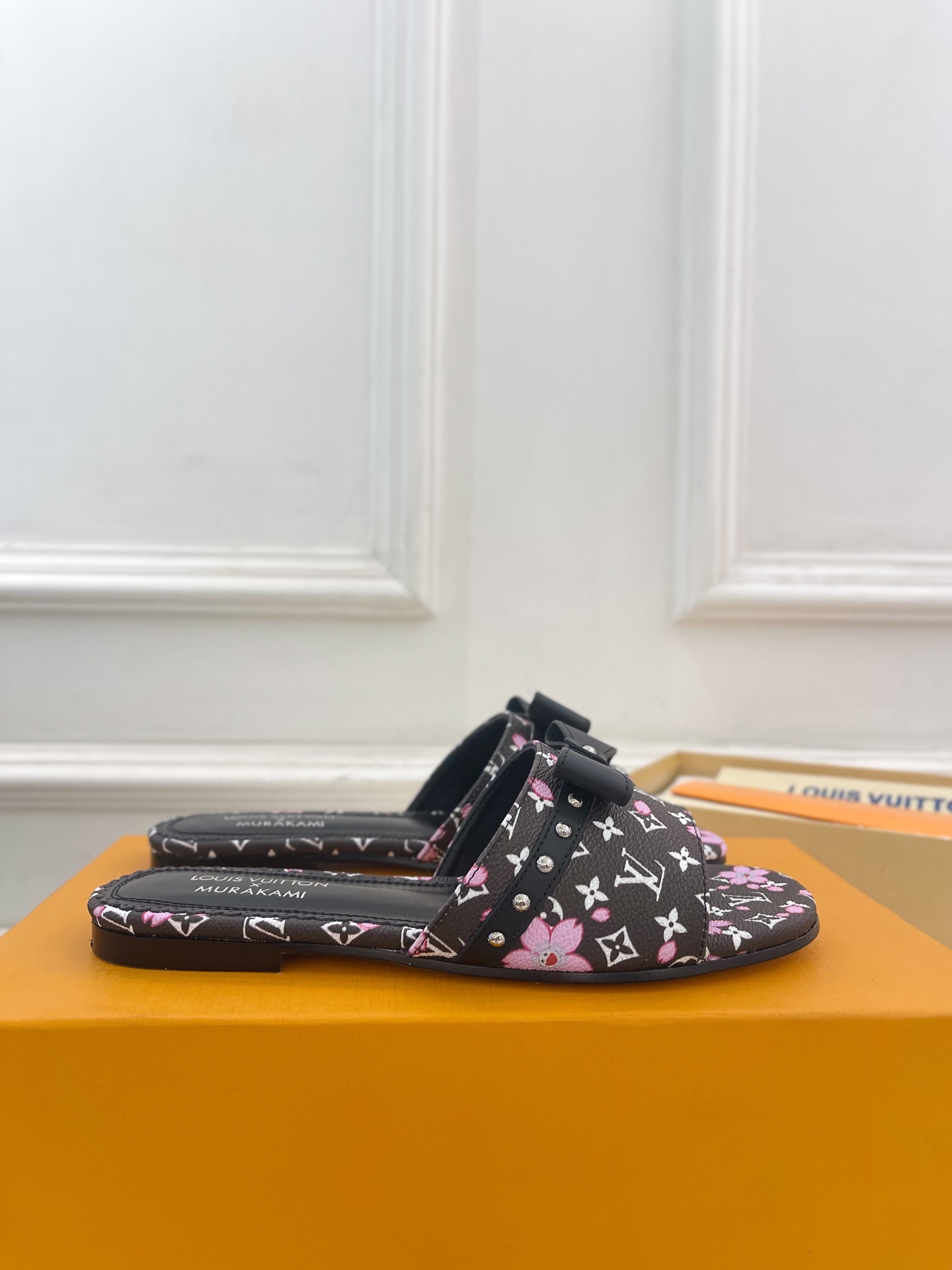 Louis Vuitton x Takashi Murakami Cherry Blossom Flat Slide Black Monogram with Bow
