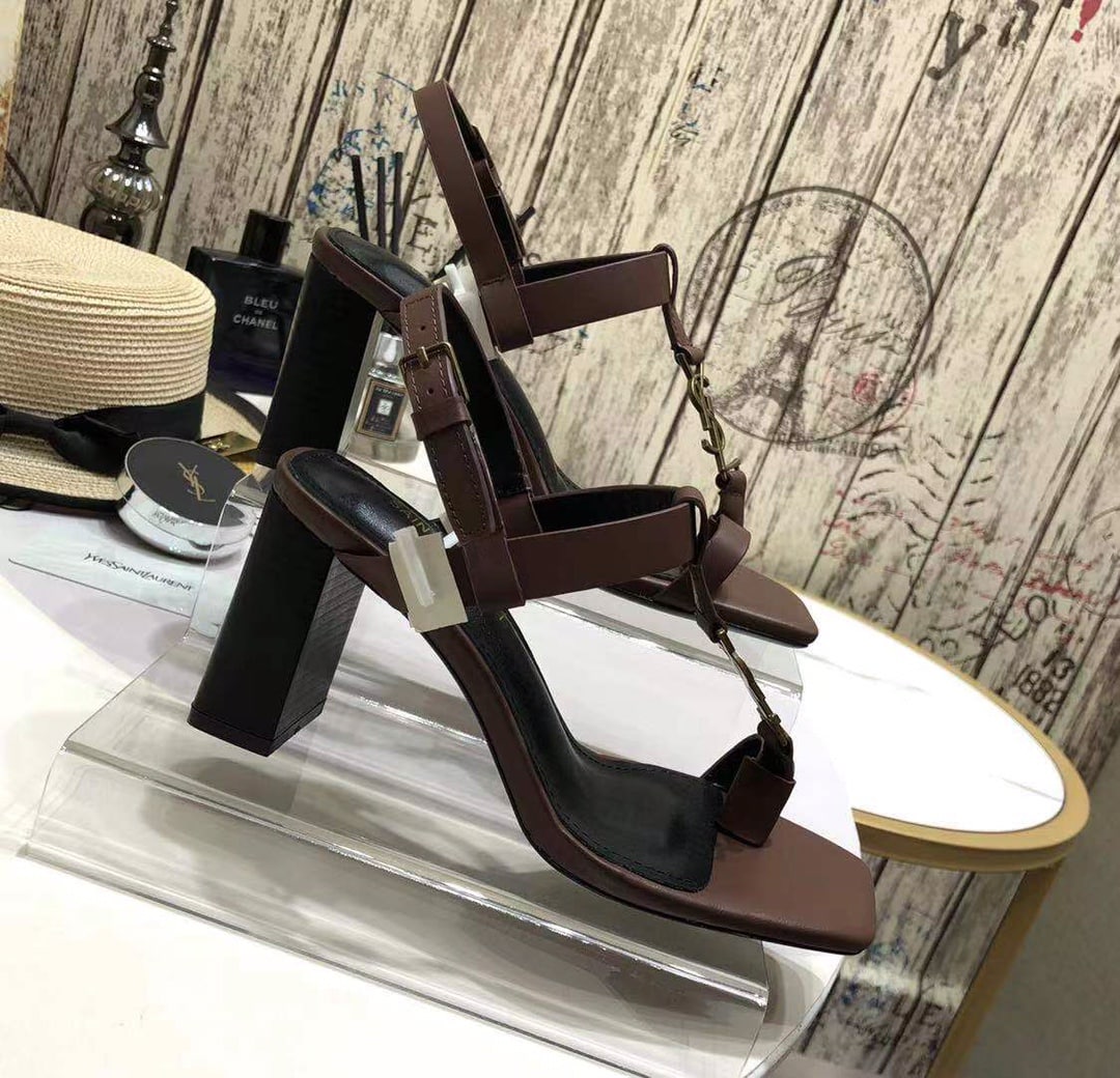 Saint Laurent Cassandra Leather Slingback Sandals Brown